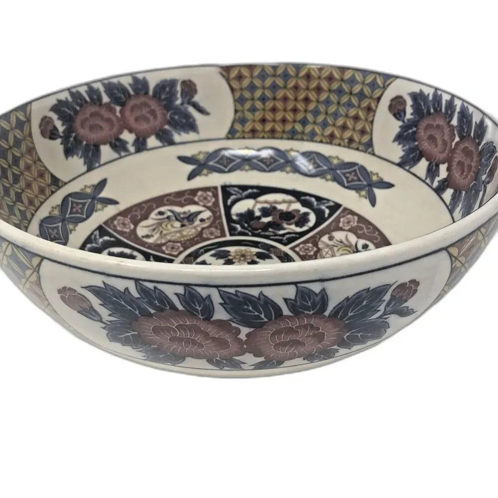 Japanese Arita Imari Bowl Blue Cream Gold Flowers Birds Vintage Porcelain 9 3/4